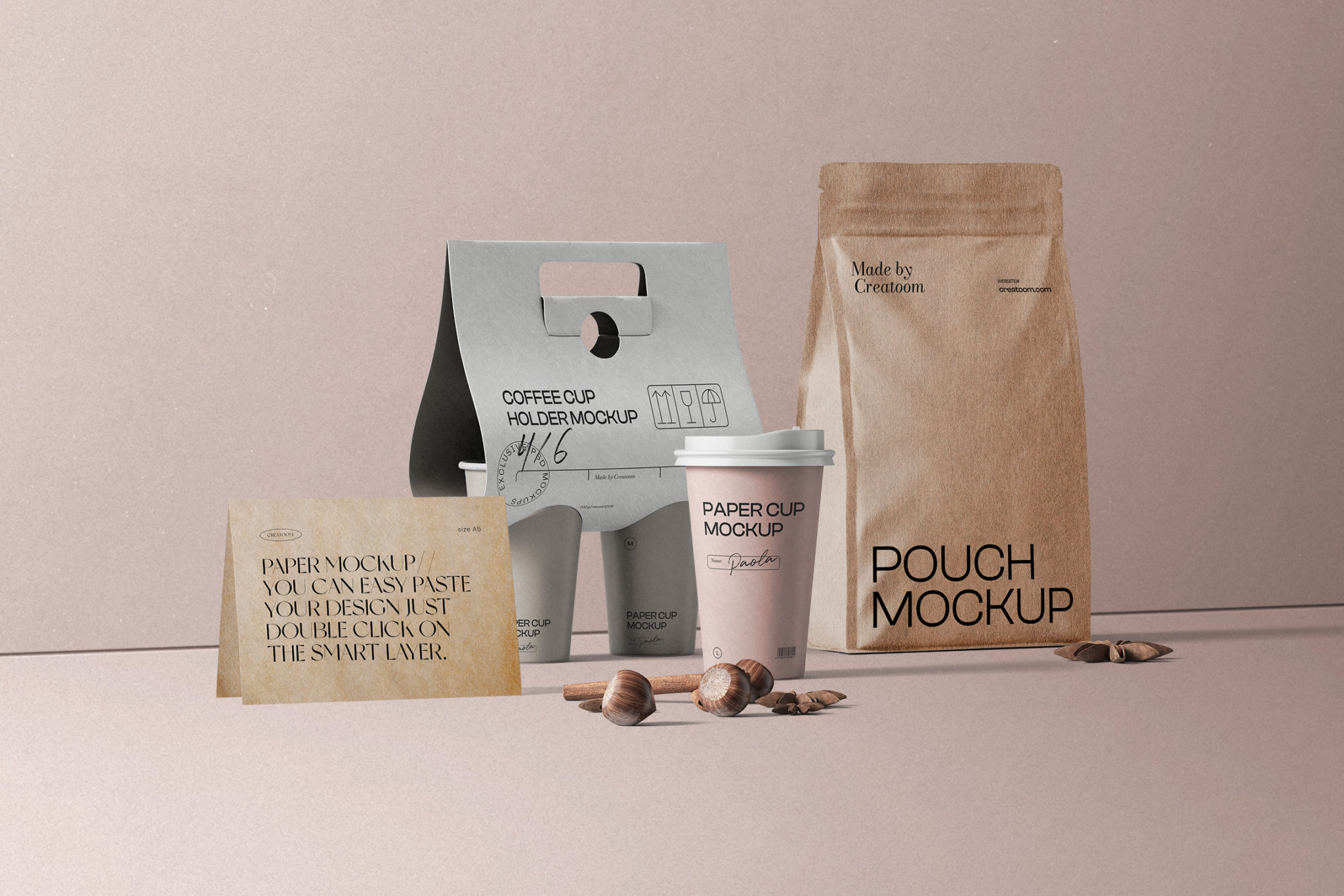 Branding Coffee Set With Pouch And Paper Cup Mockups Front View