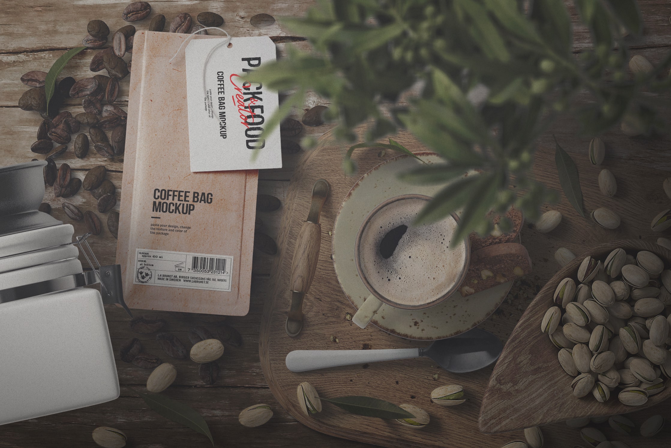 Download Soffee Set With Coffee Paper Bag Mockup Top View Buy For 6 Mockup Store Creatoom